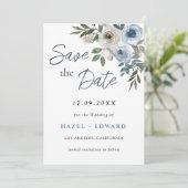 Moderne Stofblauwe Foto Huwelijk Opslaan De Datum  Save The Date (Staand voorkant)