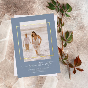 Moderne Stofblauwe Foto Save The Date Goud Folie Uitnodiging