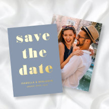 Moderne Stofblauwe Foto Save The Date Goud
