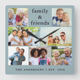 Moderne Stofblauwe Fotocollage Familie Vrienden Vierkante Klok