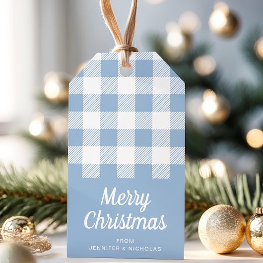 Moderne Stofblauwe Geruite Prettig Kerstfeest Cadeaulabel