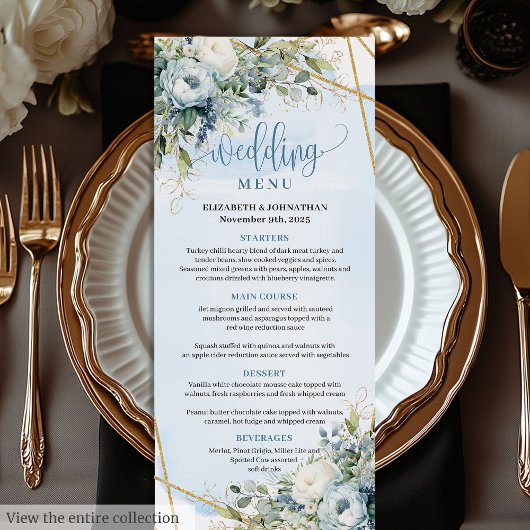 Moderne Stofblauwe Groene Gouden Frame Trouwmenu Menu