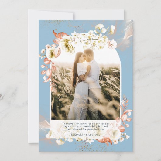 Moderne Stofblauwe Koraal Bloemen Foto Dankjewel Bedankkaart (Voorkant)