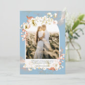 Moderne Stofblauwe Koraal Bloemen Foto Dankjewel Bedankkaart (Staand voorkant)