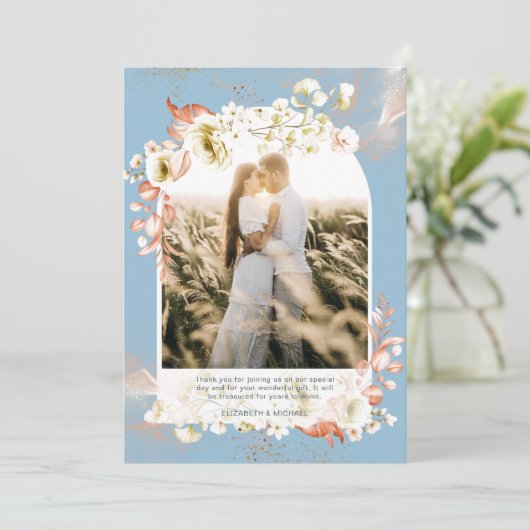 Moderne Stofblauwe Koraal Bloemen Foto Dankjewel Bedankkaart (Staand voorkant)