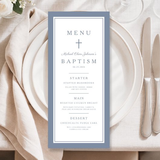 Moderne Stofblauwe Kruis Jongens Doop Menu