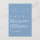 Moderne Stofblauwe Monogram Trouwdetails Informatiekaartje (Voorkant)