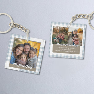 Moderne Stofblauwe Persoonlijke Familiefoto Sleutelhanger