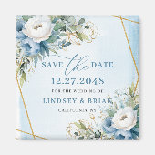Moderne Stofblauwe Pioenrozen Goud Save the Date-M Magneet (Voorkant)