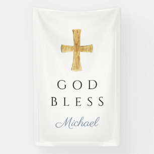Moderne Stofblauwe Religieuze Kruis Jongen God Zeg Spandoek