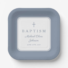 Moderne Stofblauwe Religieuze Kruis Jongens Doop Papieren Bordje