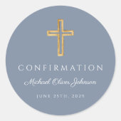 Moderne Stofblauwe Religieuze Kruis Jongensbevesti Ronde Sticker (Voorkant)