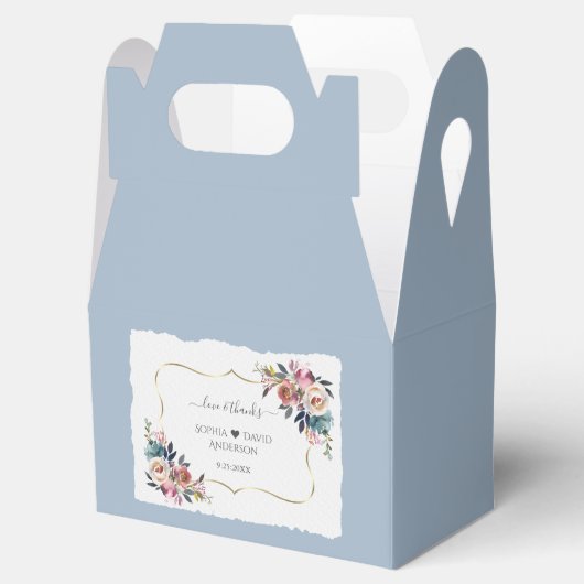 Moderne Stofblauwe Roze Bloemen Gouden Bruiloft  Bedankdoosjes (Geopend)