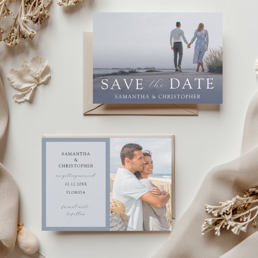 Moderne Stofblauwe Save the Date Huwelijk Feestdagenkaart