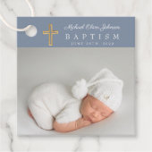 Moderne Stofblauwe Script Foto Doop Dank Je Bedankjes Labels (Voorkant)