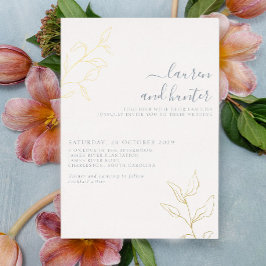 Moderne Stofblauwe Script Gouden Botanische Trouwk Folie Uitnodiging