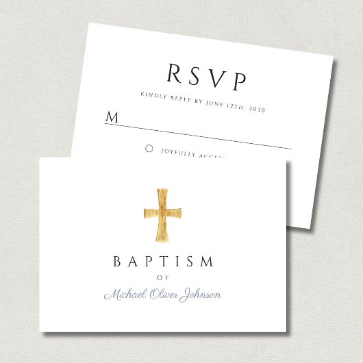Moderne Stofblauwe Script Kruis Jongens Doop RSVP Kaartje