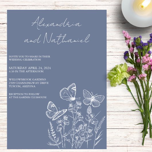 Moderne Stofblauwe & Witte Vlinder Bruiloft Kaart