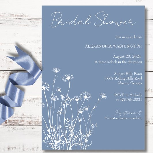 Moderne Stofblauwe & Witte Wilde Bloem Bruidsdouch Kaart