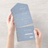 Moderne Stofblauwe Zilveren Glitter Bruiloft All In One Uitnodiging (Afscheurbaar)