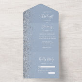 Moderne Stofblauwe Zilveren Glitter Bruiloft All In One Uitnodiging (Binnen)