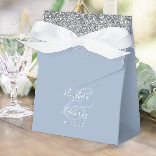 Moderne Stofblauwe Zilveren Glitter Bruiloft Bedankdoosjes