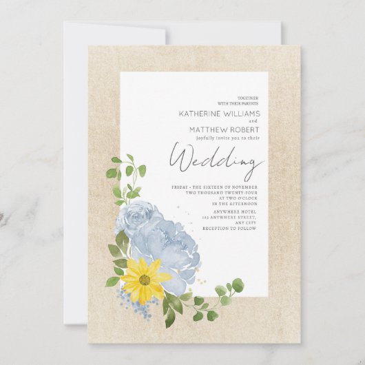 Moderne Stofblauwe Zonnebloem Bloemstuk Boho Bruil Kaart (Voorkant)