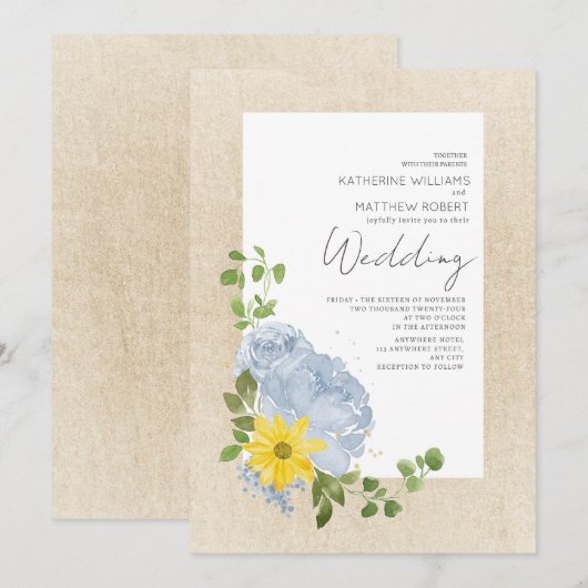 Moderne Stofblauwe Zonnebloem Bloemstuk Boho Bruil Kaart (Voorkant / Achterkant)