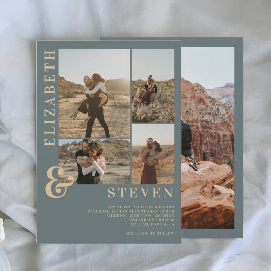 Moderne, stoffige blauwe ampersand 5-fotogrid brui kaart