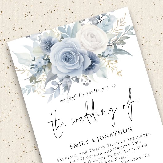 Moderne Stoffige Blauwe Bloemen QR Code Bruiloft Kaart