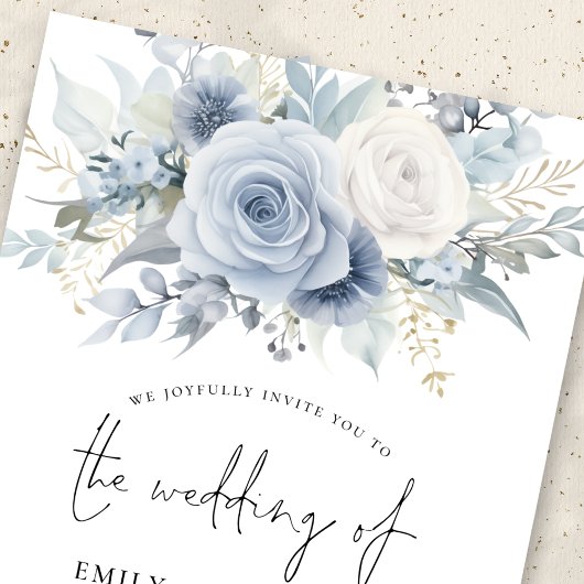 Moderne Stoffige Blauwe Bloemen QR Code Bruiloft Kaart