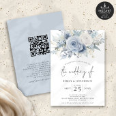 Moderne Stoffige Blauwe Bloemen QR Code Bruiloft Kaart