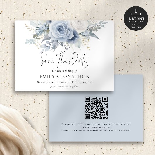Moderne Stoffige Blauwe Bloemen QR Code Bruiloft Save The Date