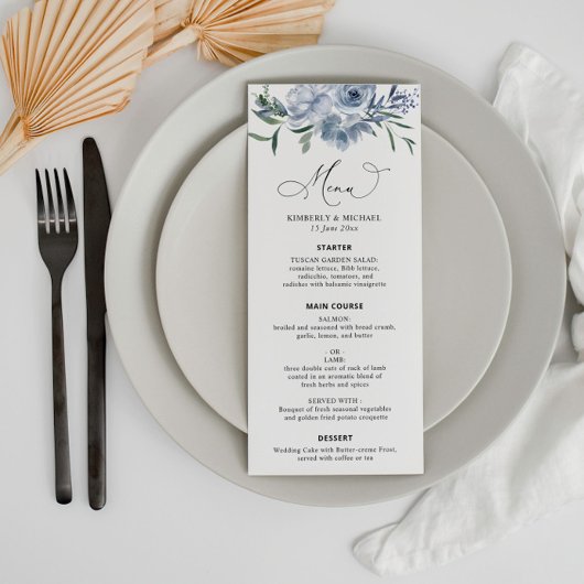 Moderne stoffige blauwe bloemenbruiloft menu