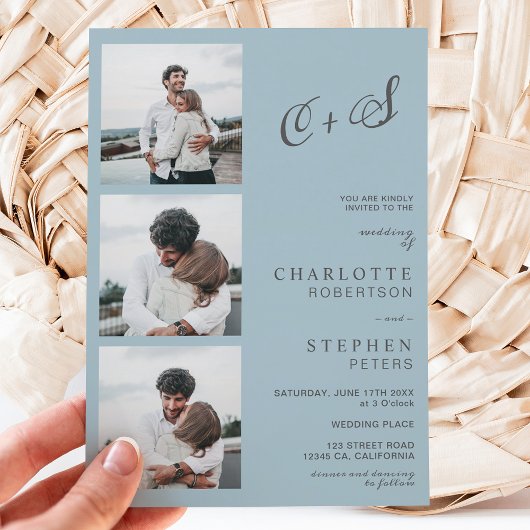 Moderne, stoffige, blauwe casual initialen fotobru kaart