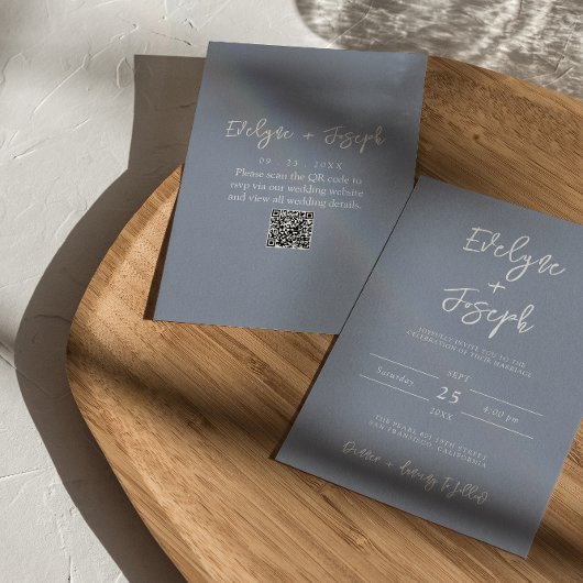 Moderne stoffige blauwe elegante Boho QR-code brui Kaart