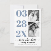 Moderne, stoffige blauwe en witte typografie twee  save the date (Voorkant)