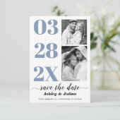 Moderne, stoffige blauwe en witte typografie twee  save the date (Staand voorkant)