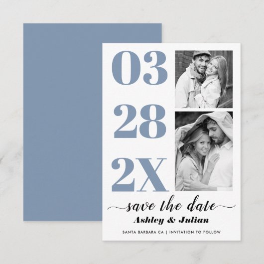 Moderne, stoffige blauwe en witte typografie twee  save the date (Voorkant / Achterkant)