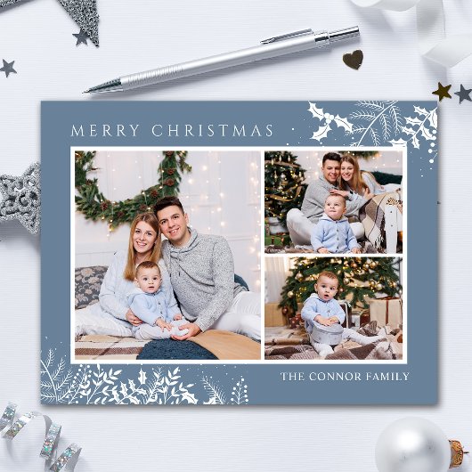 Moderne Stoffige Blauwe Fotocollage Vrolijke Kerst Briefkaart