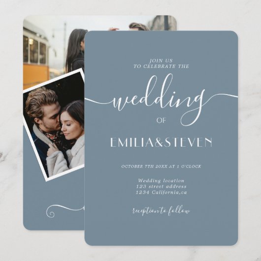 Moderne, stoffige blauwe initialen bruiloft kaart (Voorkant / Achterkant)