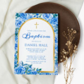 Moderne stoffige blauwe jongen doop kaart