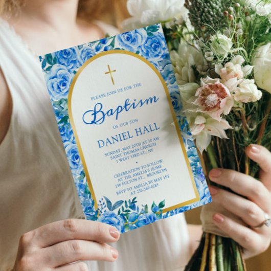 Moderne stoffige blauwe jongen doop kaart