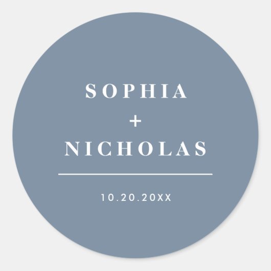 Moderne stoffige blauwe minimaal elegante bruiloft ronde sticker (Voorkant)