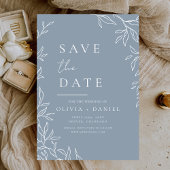 Moderne stoffige blauwe minimale bladbruid save the date