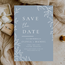Moderne stoffige blauwe minimale bladbruid save the date