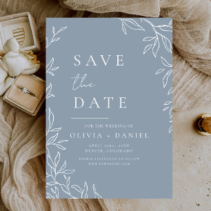 Moderne stoffige blauwe minimale bladbruid save the date