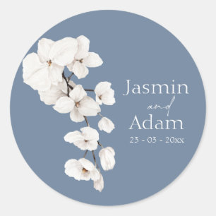 Moderne stoffige blauwe orchidee bloemenbruiloft ronde sticker