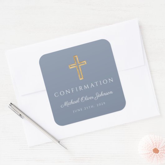 Moderne Stoffige Blauwe Religieuze Kruis Jongen Be Vierkante Sticker (Envelop)
