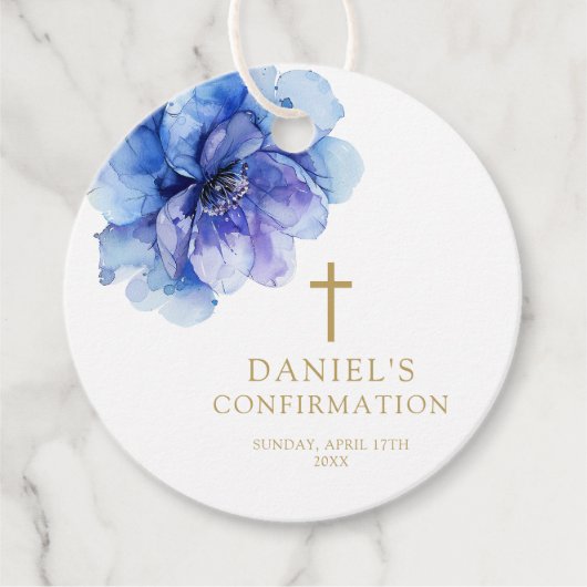 Moderne Stoffige Blauwe Waterverf Bloemen Bevestig Bedankjes Labels (Voorkant)